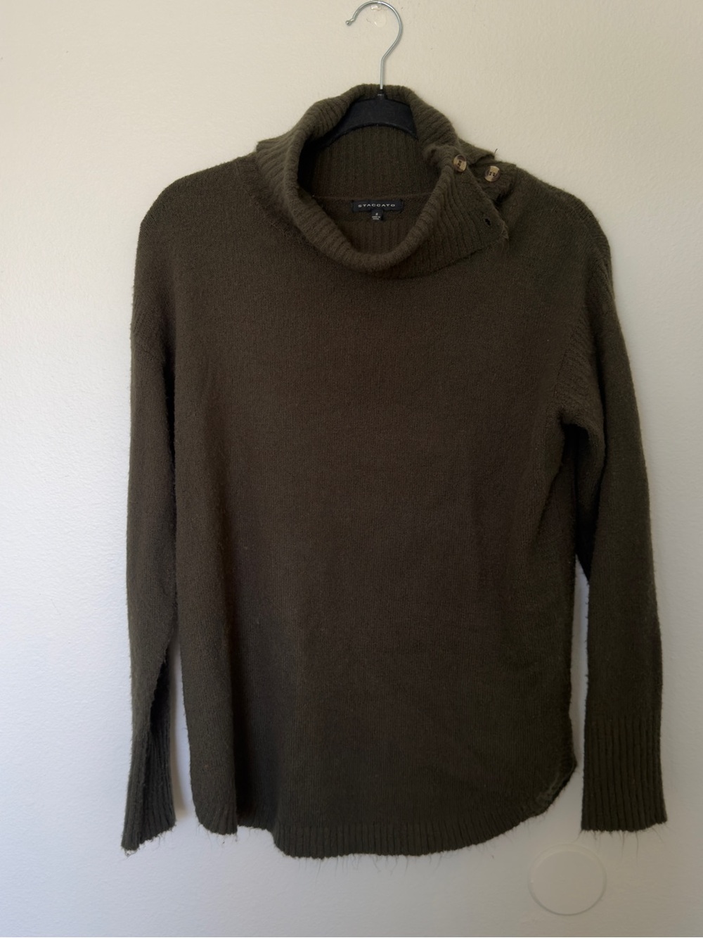 Staccato Olive Green Button-Shoulder Turtleneck Sweater